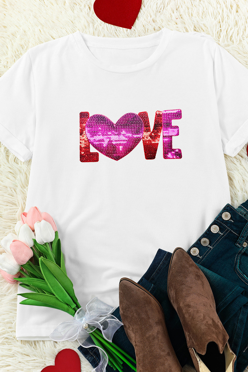 White Heart LOVE Patched Pattern Crewneck Valentines T Shirt