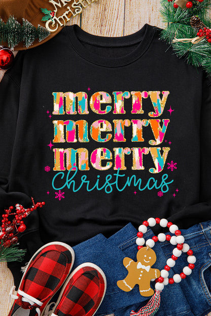 Black Merry Christmas Painted Crew Neck Graphic Sweatshirt