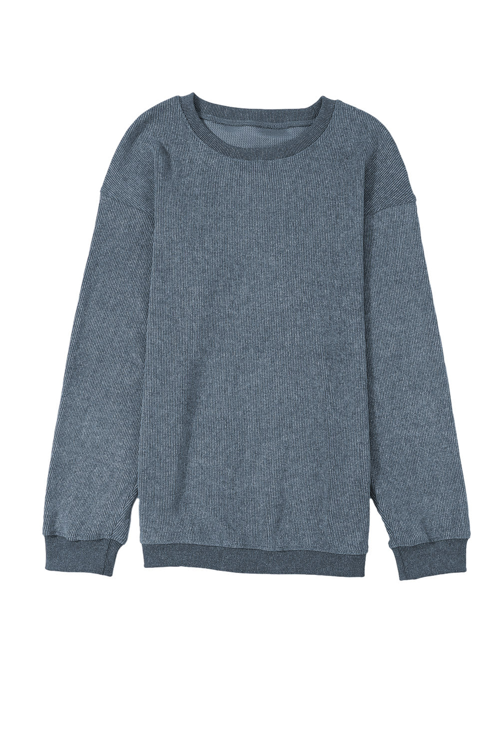 Blue Solid Ribbed Knit Round Neck Pullover Sweatshirt