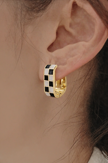 Gold Checkered Pattern Small Hoop Earrings