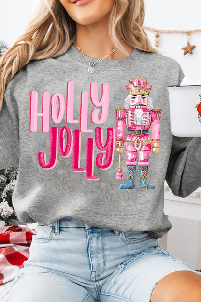 Gray HOLLY JOLLY Nutcracker Print Crew Neck Christmas Sweatshirt