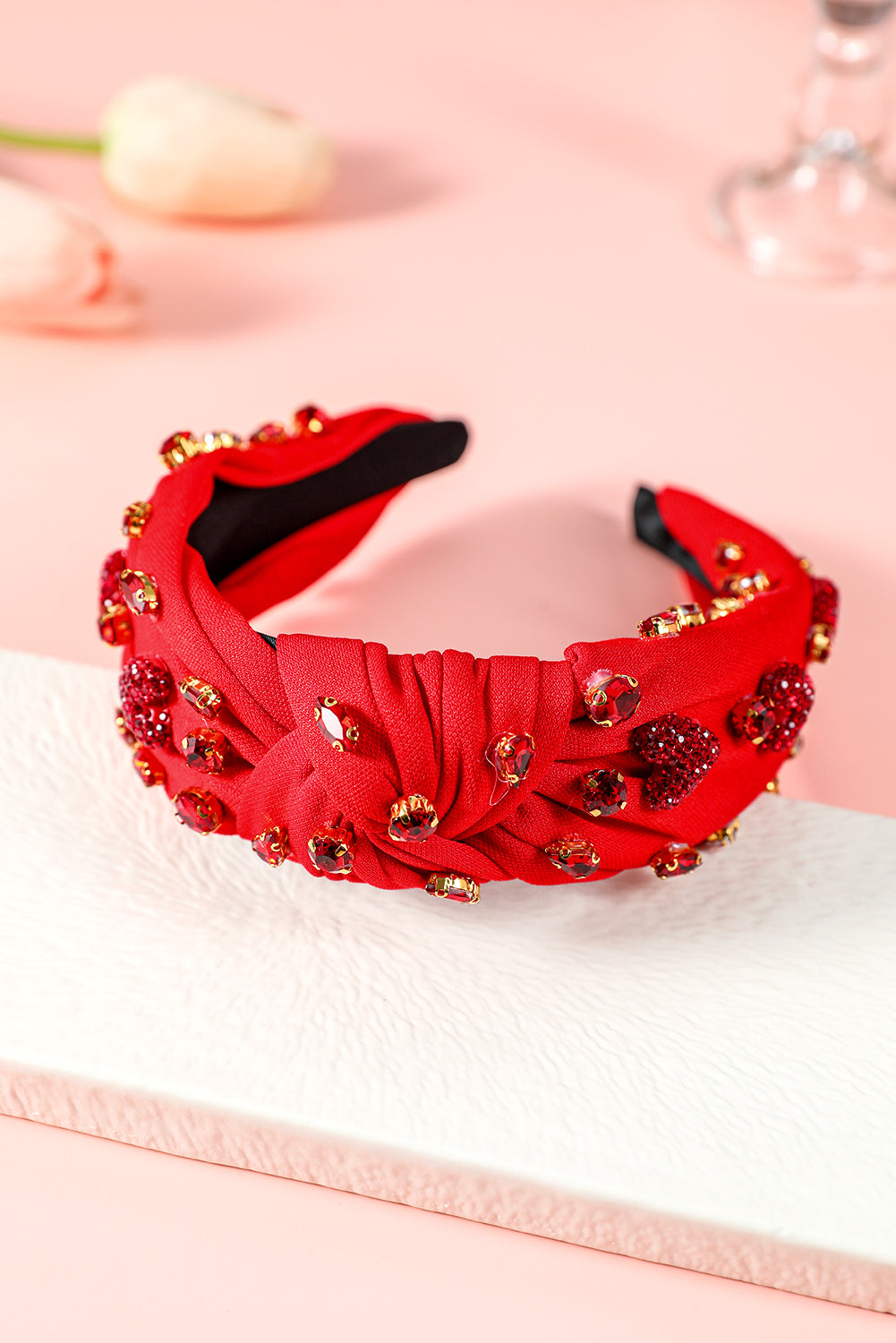 Fiery Red Rhinestone Heart Glass Drill Studded Knotted Wide Headband