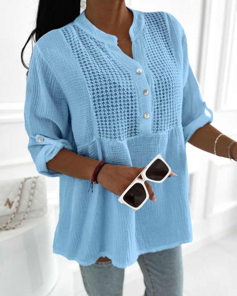 Roll Up Sleeve Hollow Out Shirt Button Front Casual Blouse Top