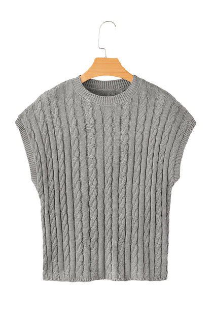 Gray Crew Neck Cable Knit Short Sleeve Sweater