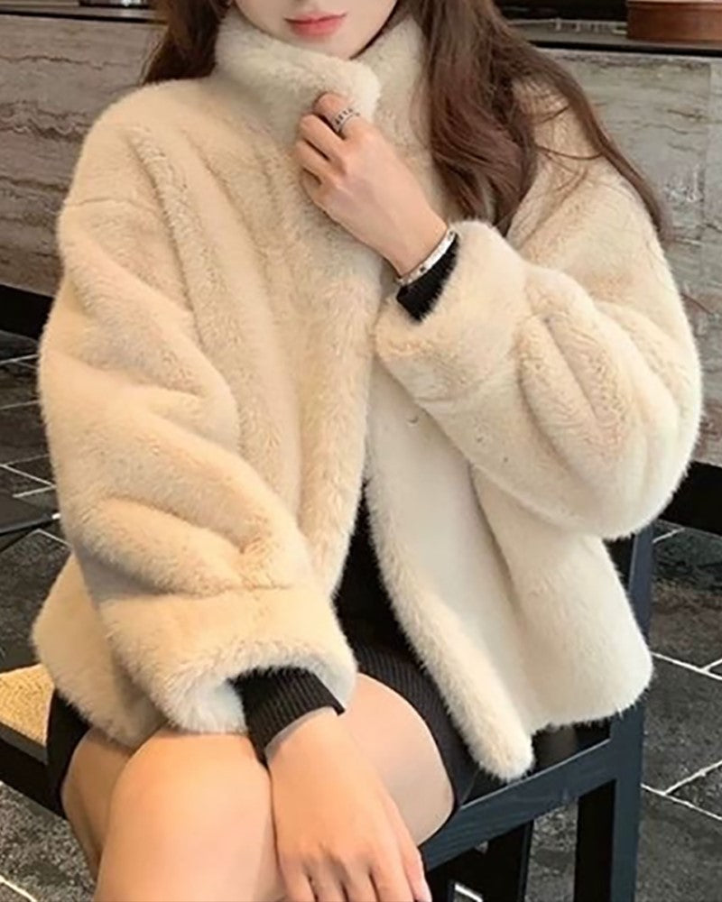 Womens High Neck Open Front Long Sleeve Faux Fur Crop Coat Soft Winter Warm Jacket Outerwear