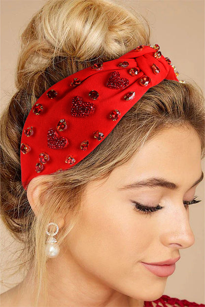 Fiery Red Rhinestone Heart Glass Drill Studded Knotted Wide Headband