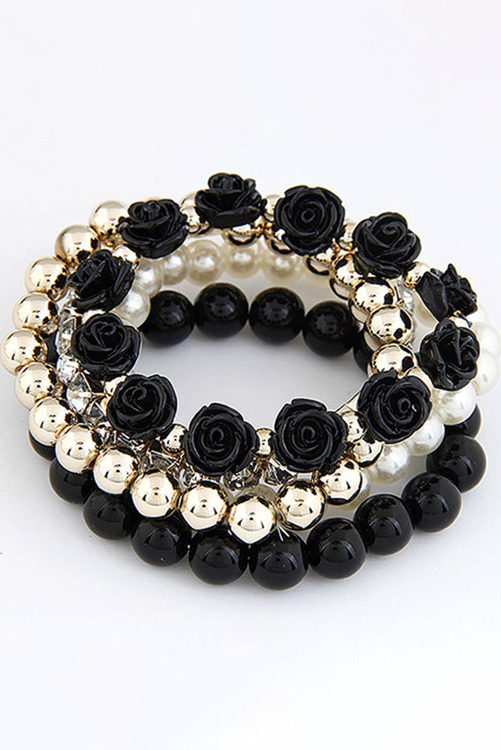 Black Flower Rhinestone Beaded Multi Layer Bracelet Set