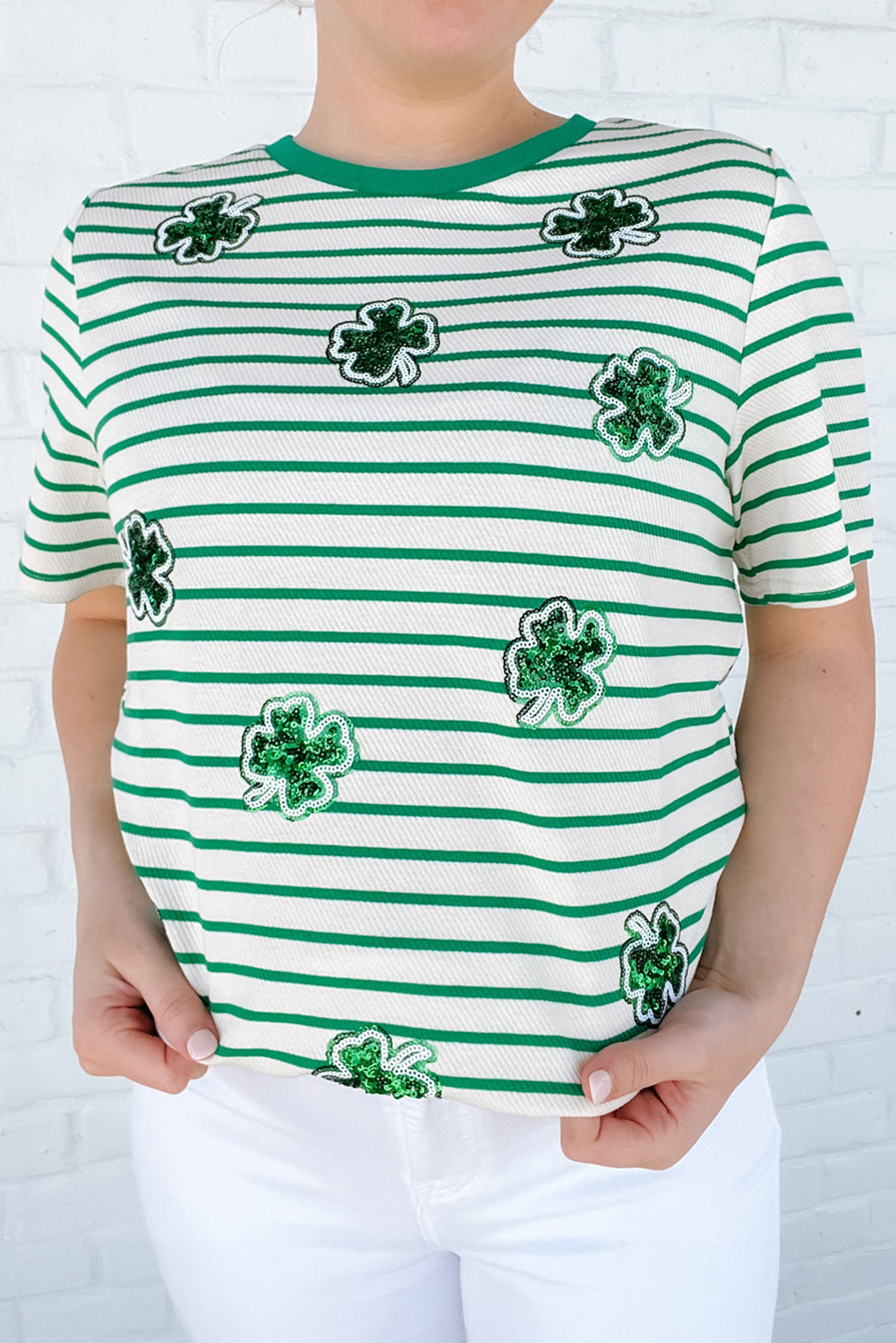 Green Stripe St Patricks Day Clover Patched Plus Size Tee