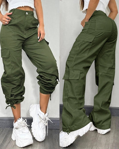 Pocket Design Button Front Cargo Pants Casual High Waisted Cuffed Pants