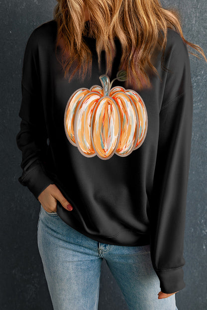 Black Thanksgiving Pumpkin Graphic Drop Shoulder Sweatshirt