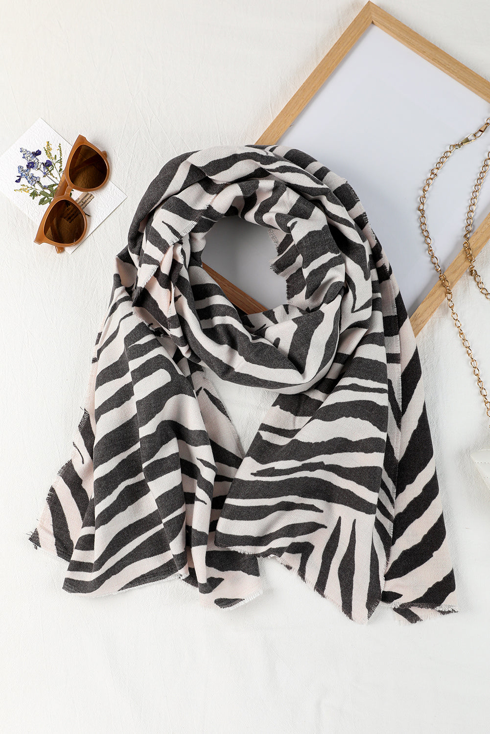 White Zebra Stripes Printed Raw Cut Scarf