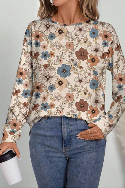 Khaki Floral Print Loose Crew Neck Long Sleeve T Shirt