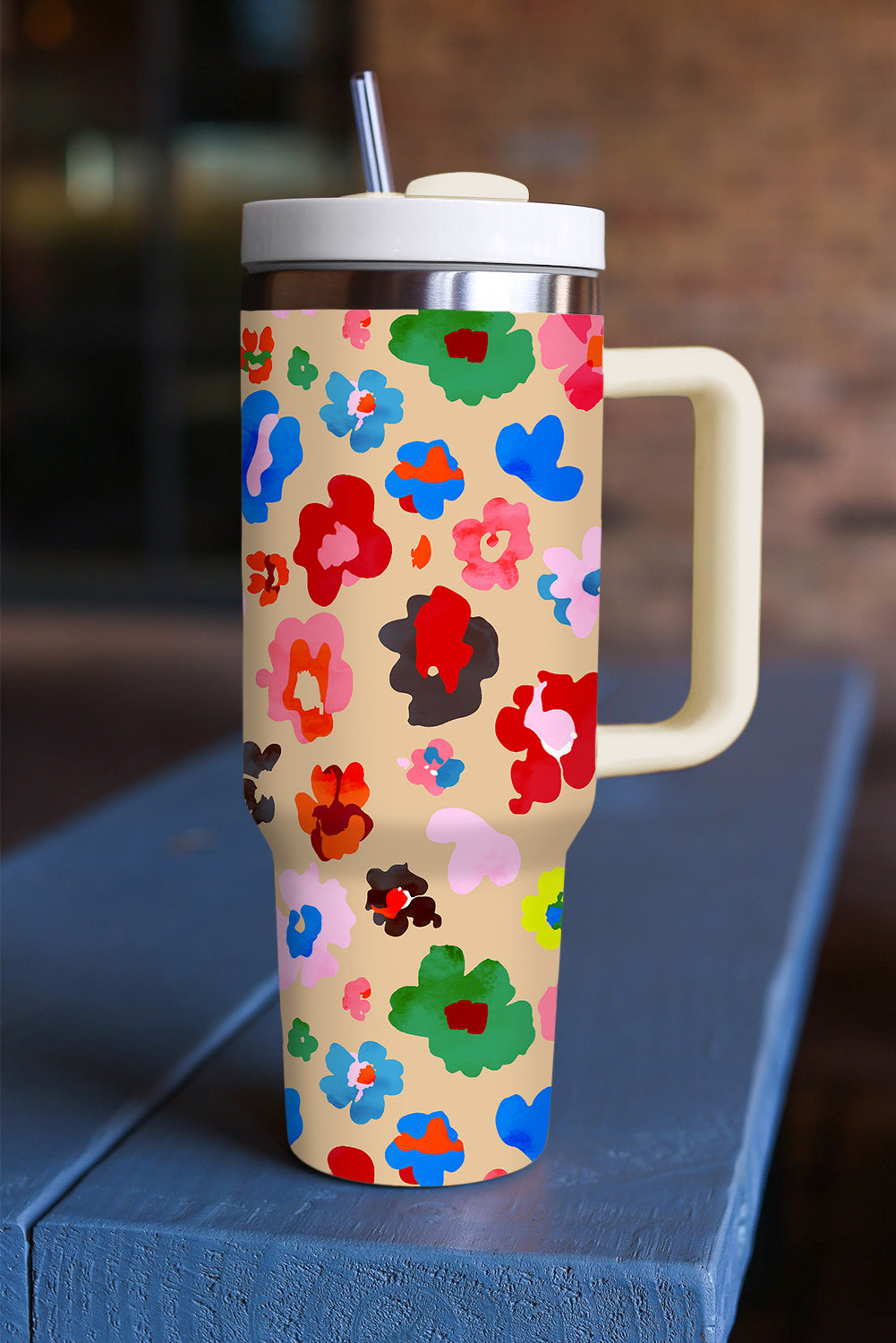 Khaki Flower Print Large Portable Cup with Handle 40OZ