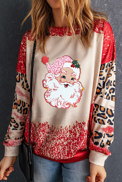 Red Shiny Father Christmas Leopard Sleeve Bleached Dye Sweatshirt