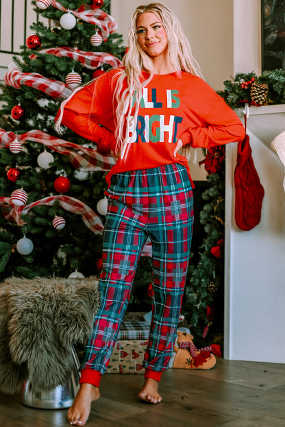 Multicolor ALL IS BRIGHT Graphic Christmas Plaid Pajamas Set