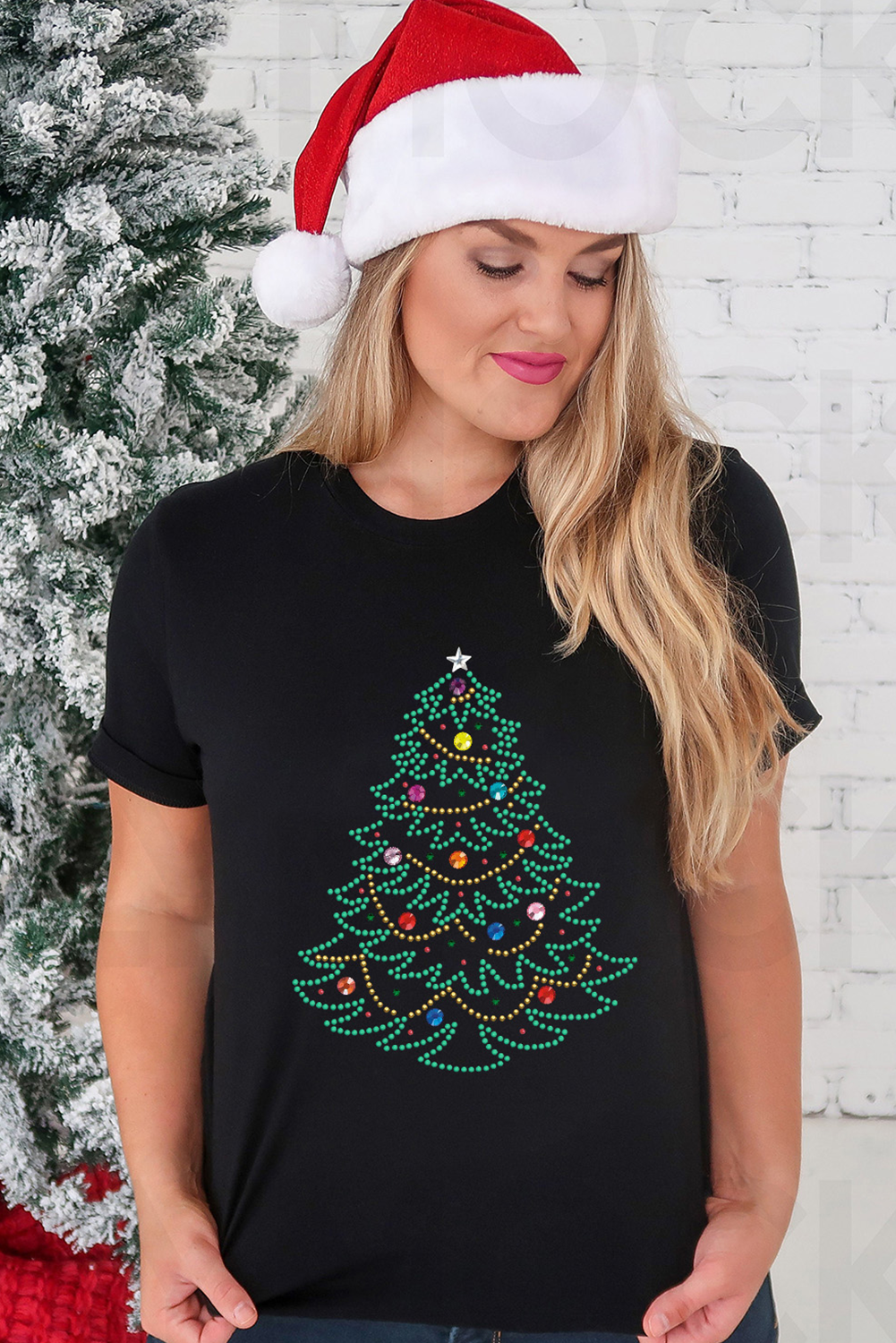 Black Rhinestone Christmas Tree Round Neck Graphic Tee