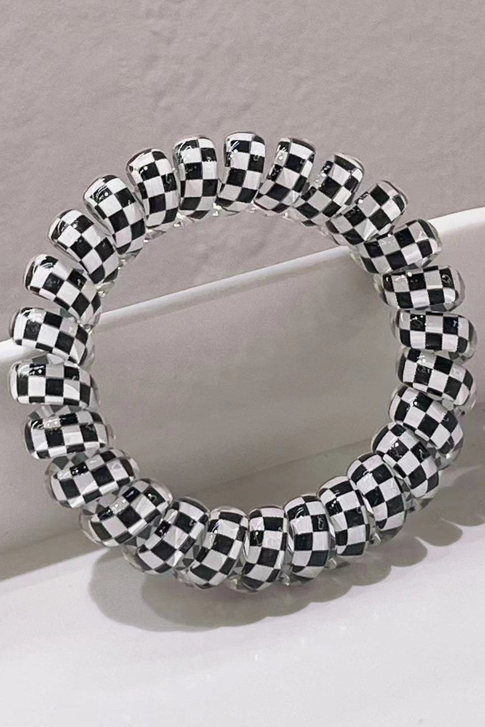 Black Checkered Print Telephone Cord Spiral Hair Tie