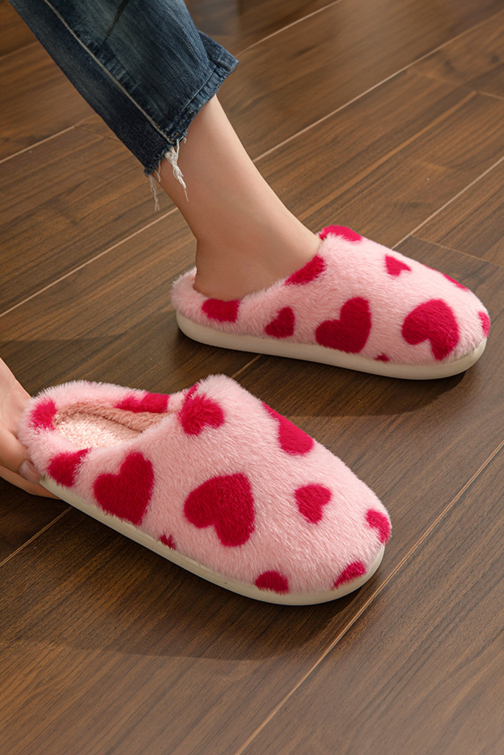 Fiery Red Valentines Heart Shape Winter Fuzzy Slippers