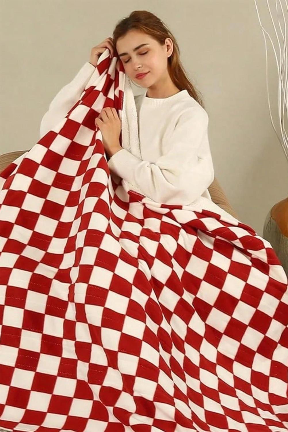 Fiery Red Plush Checkered Print Sofa Blanket 127*152cm