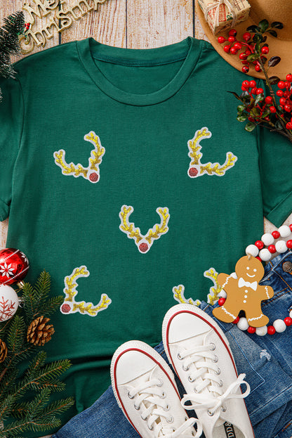 Green Christmas Reindeer Antler Patched Graphic Tee