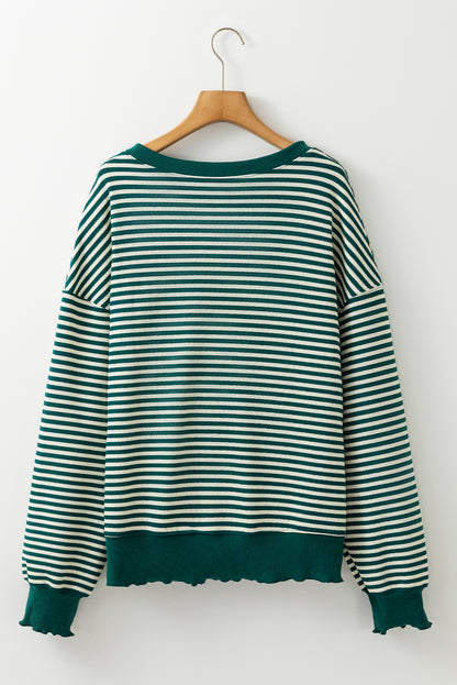 Green Stripe Nutcracker Doll Patched Drop Shoulder Long Sleeve Top