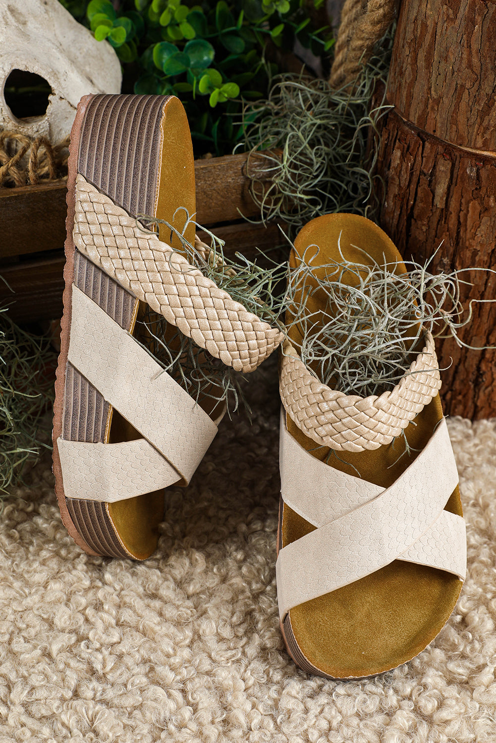 Beige Braided Detail Criss Cross Platform Slippers