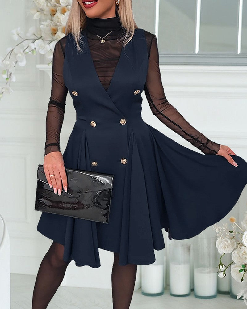 Deep V Neck Sleeveless Metal Button Criss Cross Flare Midi Dress Work Dress