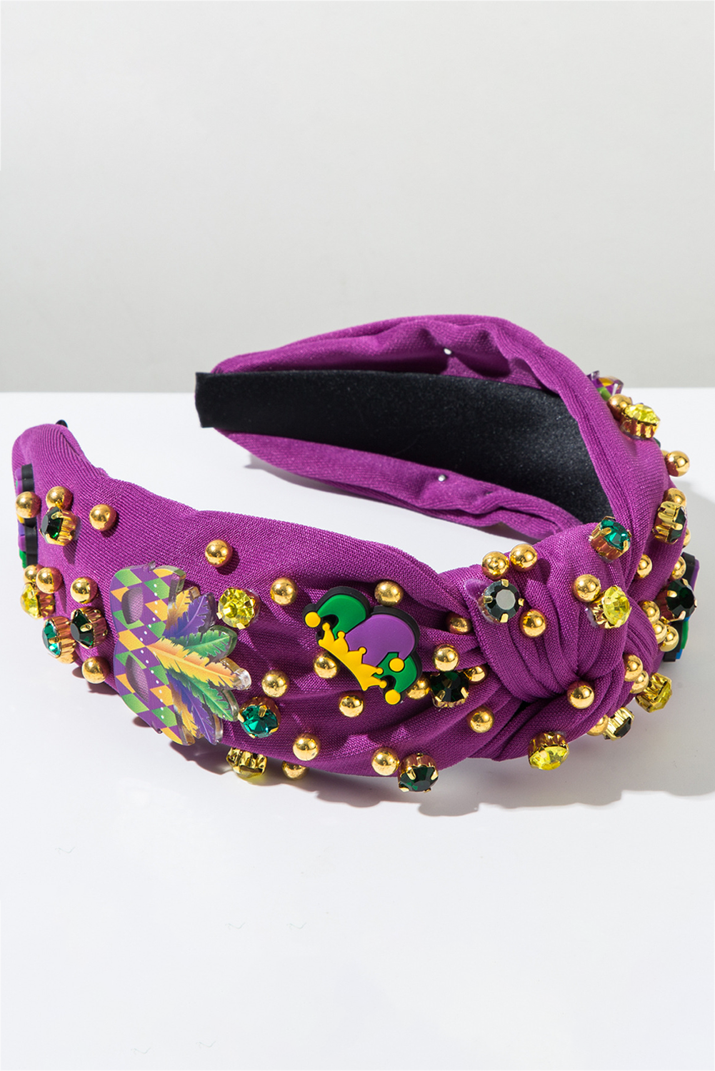 Tillandsia Purple Mardi Gras Rhinestone Beaded Knotted Wide Headband