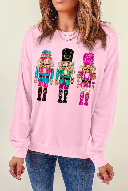 Pink Cute Nutcracker Printed Drop Shoulder Christmas Sweatshirt