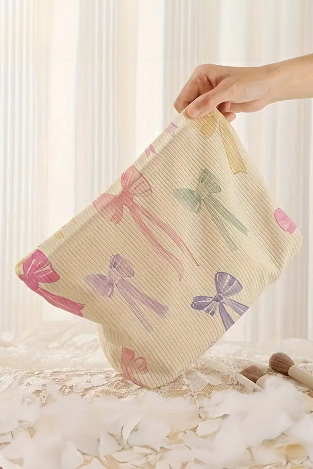 Beige Bow Knot Print Zipper Corduroy Large Cosmetic Bag