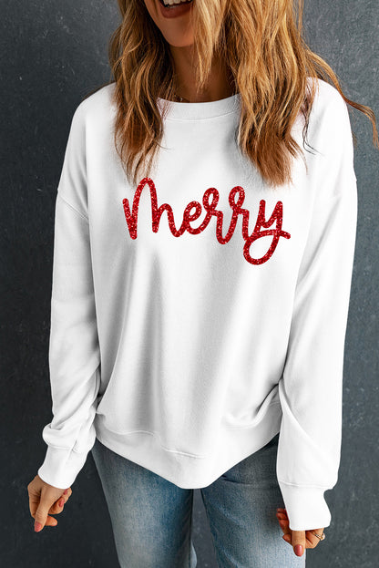 Beige Merry Graphic Christmas Crew Neck Sweatshirt