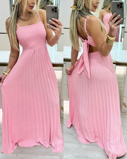 Square Neck Spaghetti Strap Pleated Maxi Dress Back Tied Detail Casual Flowy Long Dress