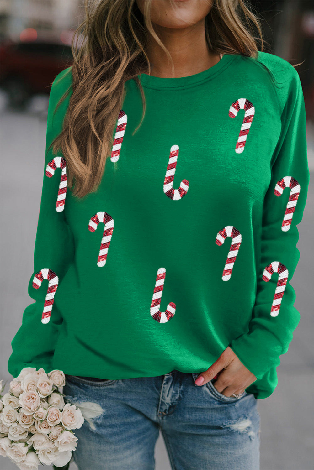 Green Sequin Christmas Candy Cane Graphic Crewneck Pullover Sweatshirt