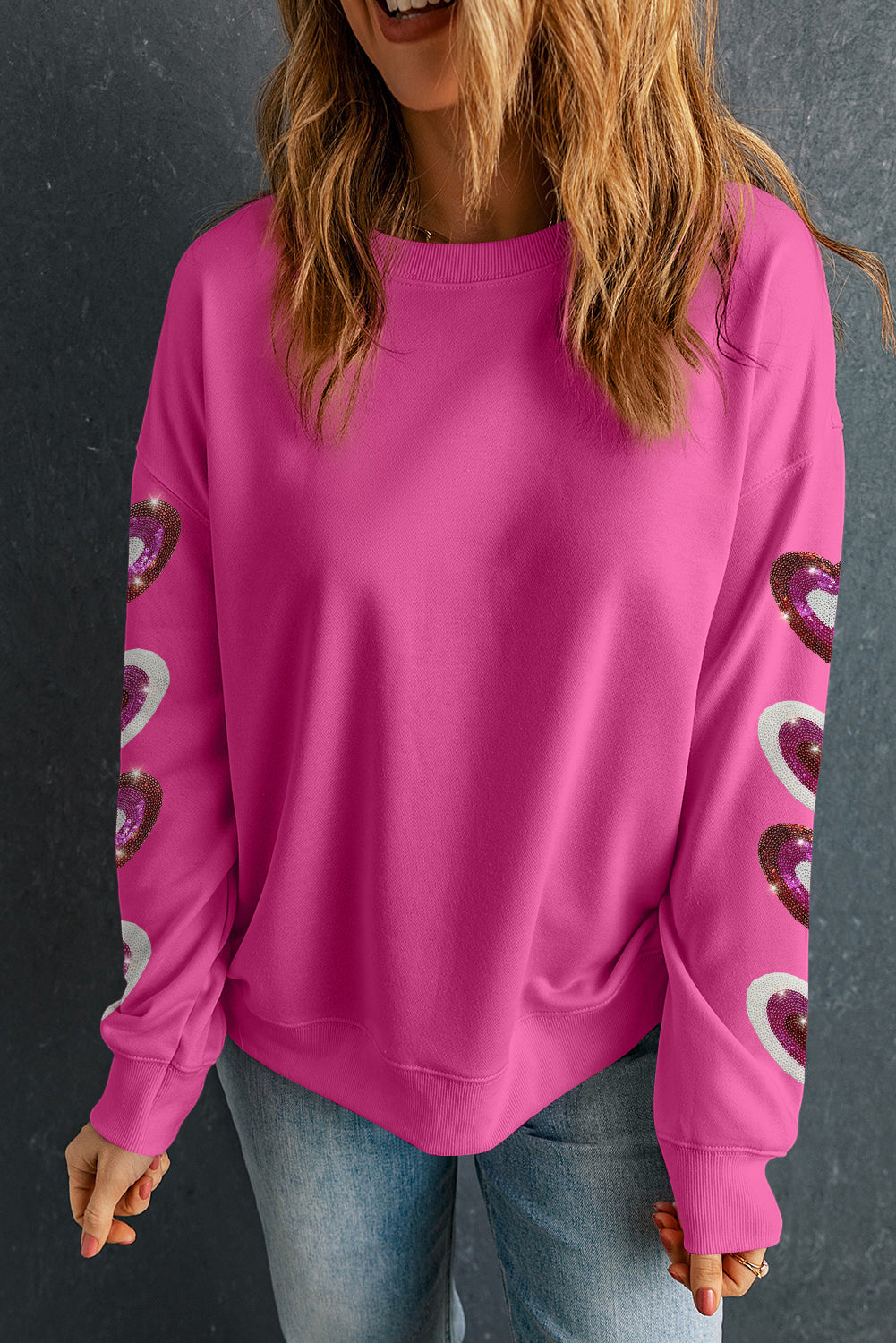 Bonbon Sequined Heart Patched Drop Shoulder Valentines Sweatshirt