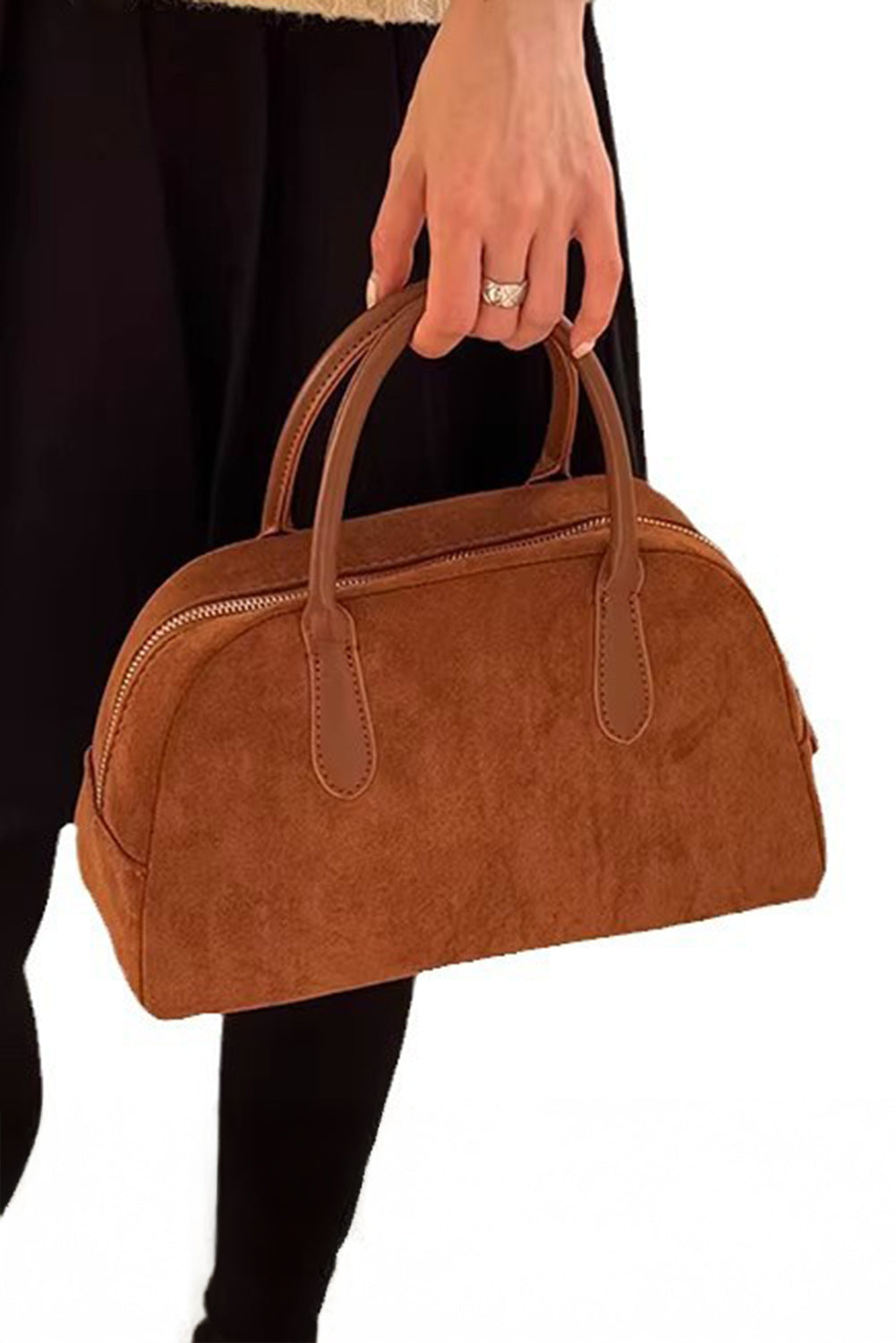 Coffee Retro Style Zipper Suede Tote Bag