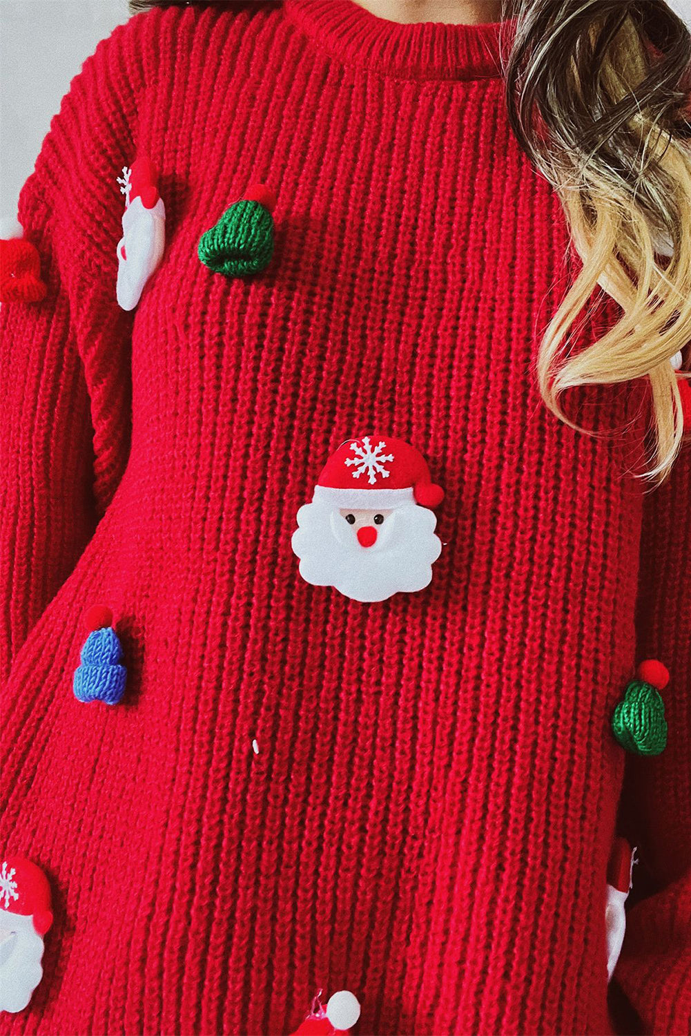 Racing Red Christmas Pattern Patched Rib Knit Knitted Sweater