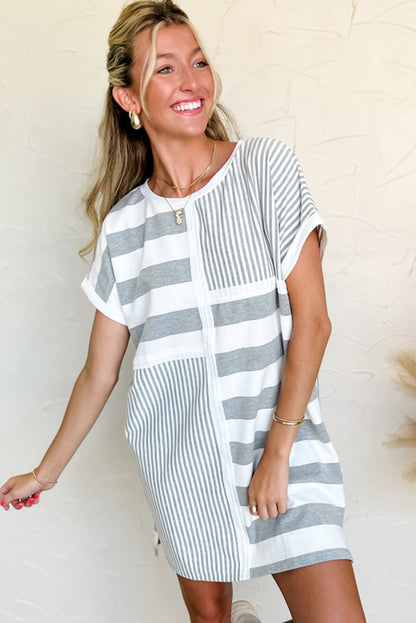 Gray Stripe Mixed Printed Short Sleeve Shift Mini T Shirt Dress