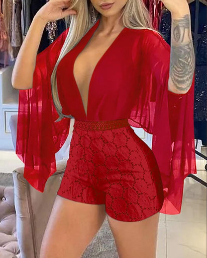 Contrast Lace Plunge V Neck Long Sleeve Romper Sexy Sheer Mesh Slim Fit Jumpsuit