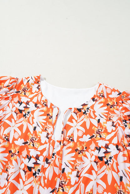 Orange Floral Print Split V Neck Bubble Sleeve Plus Size Midi Dress