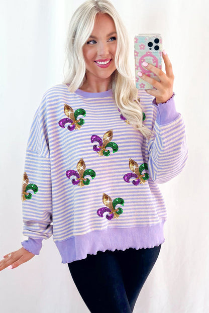 Purple Stripe Sequin Fleur de Lis Patched Pattern Long Sleeve Top