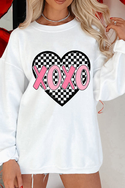 White Valentines XOXO Checkered Heart Printed Baggy Corded Sweatshirt