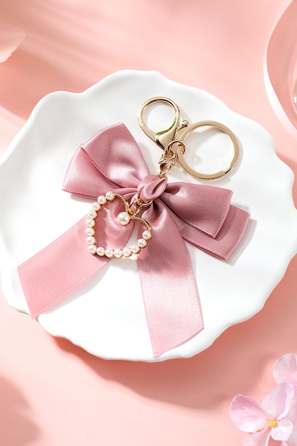 Pink Pearl Heart Large Bow Knot Keychain