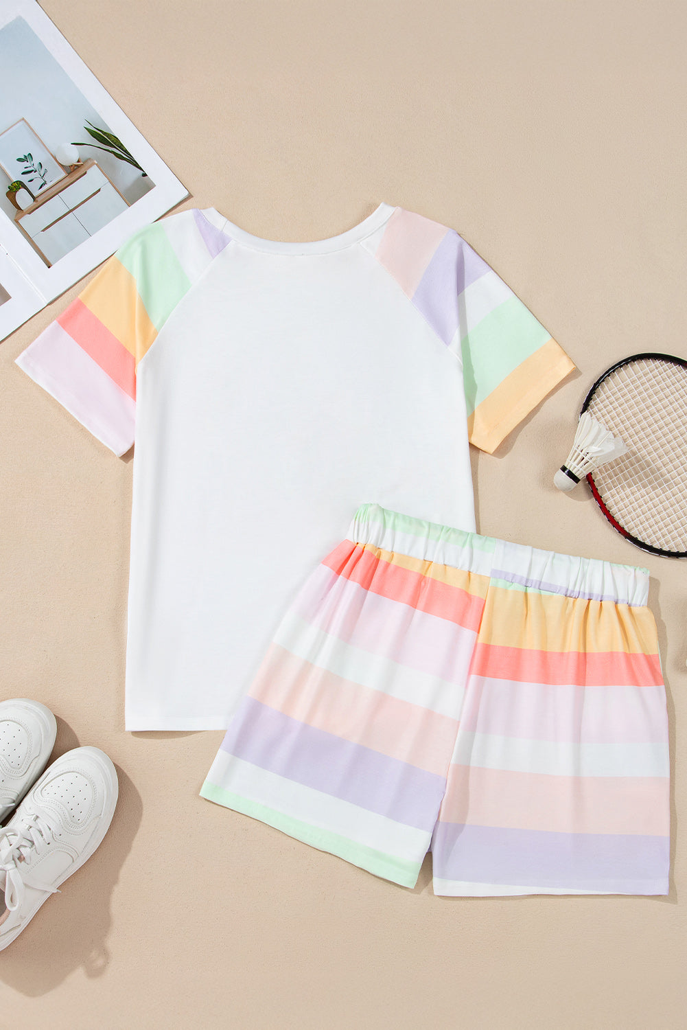 White Rainbow Striped T Shirt and Shorts Set