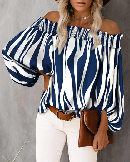 Zebra Stripe Print Off Shoulder Lantern Sleeve Top