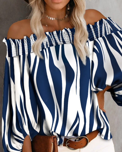 Zebra Stripe Print Off Shoulder Lantern Sleeve Top