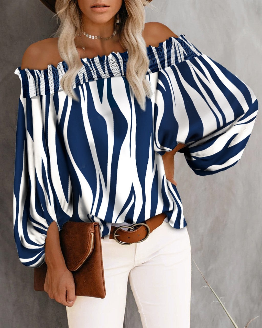 Zebra Stripe Print Off Shoulder Lantern Sleeve Top