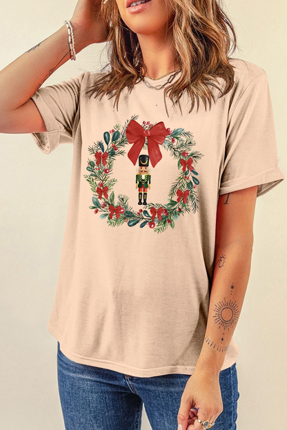 Khaki Nutcracker Bow Christmas Wreath Crewneck Printed T Shirt