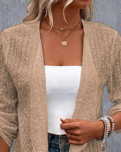 Eyelet Embroidery Roll Up Sleeve Open Front Blazer Coat