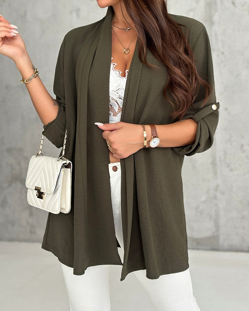 Roll Up Sleeve Open Front Coat Cardigan Top