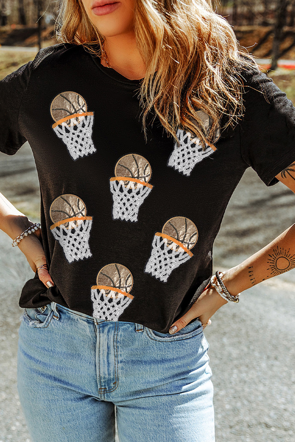 Black Sequin Basketball Patched Graphic Game Day T Shirt